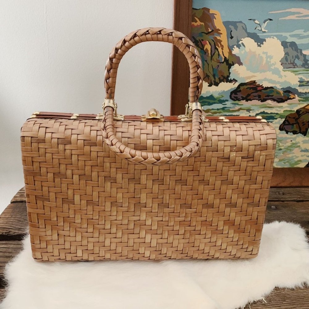 Vintage Wicker Woven Briefcase Purse Handbag